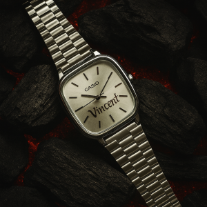 Silver engraved Casio watch