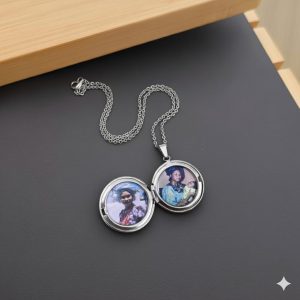Silver circle locket necklace with paper box