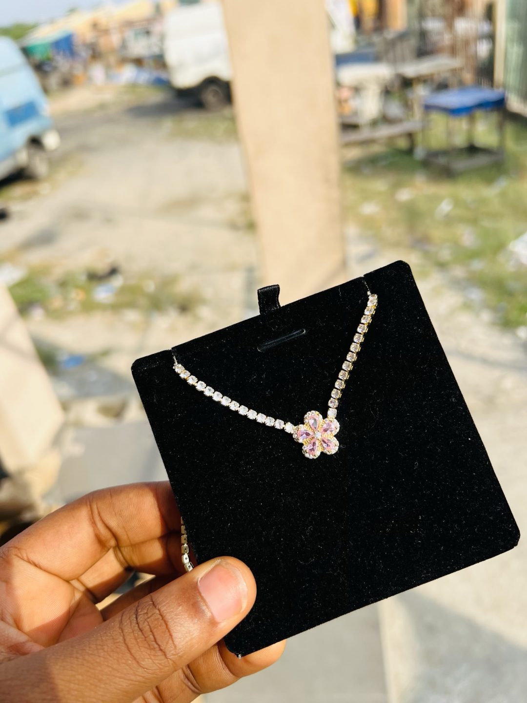 Pink flower Cz necklace (gold) - Image 4