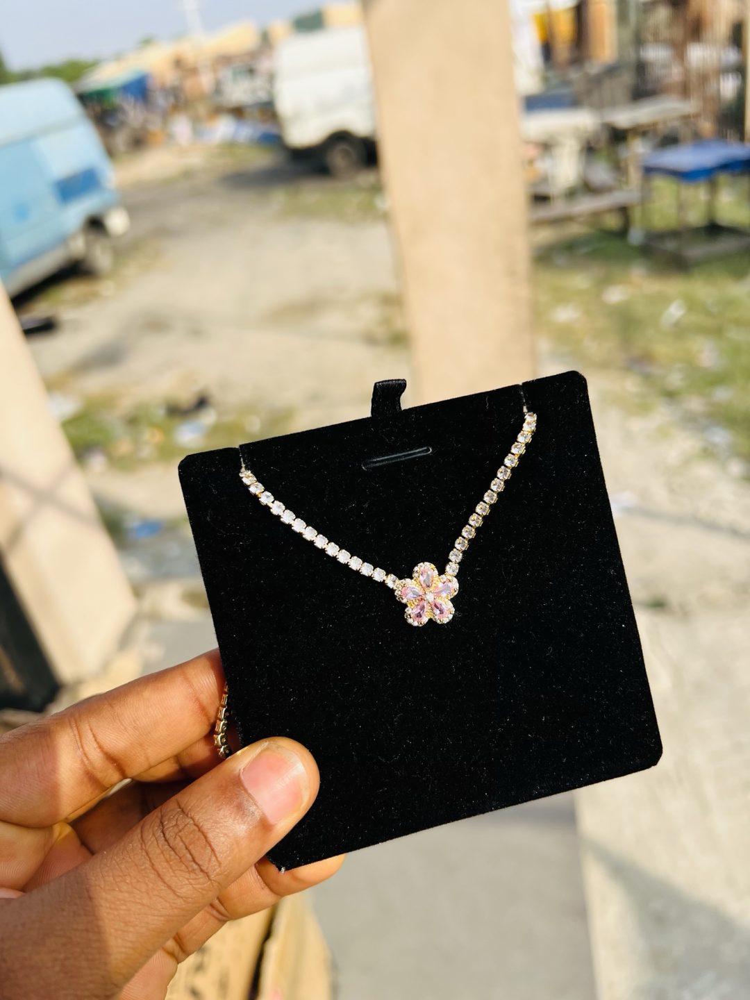 Pink flower Cz necklace (gold) - Image 2