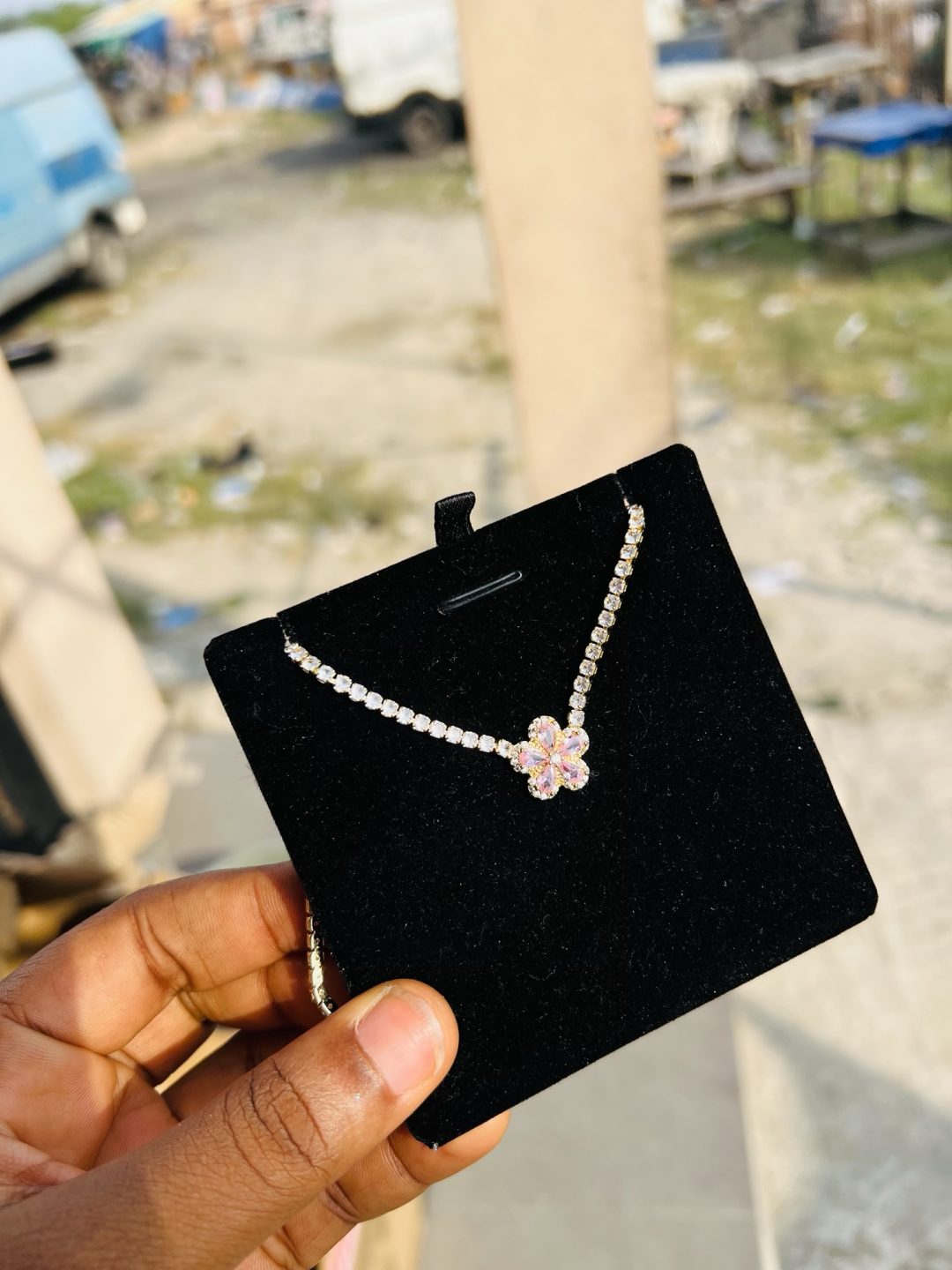 Pink flower Cz necklace (gold) - Image 3