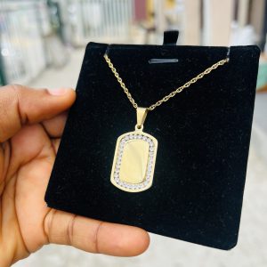 Stoned square gold dog tag necklace