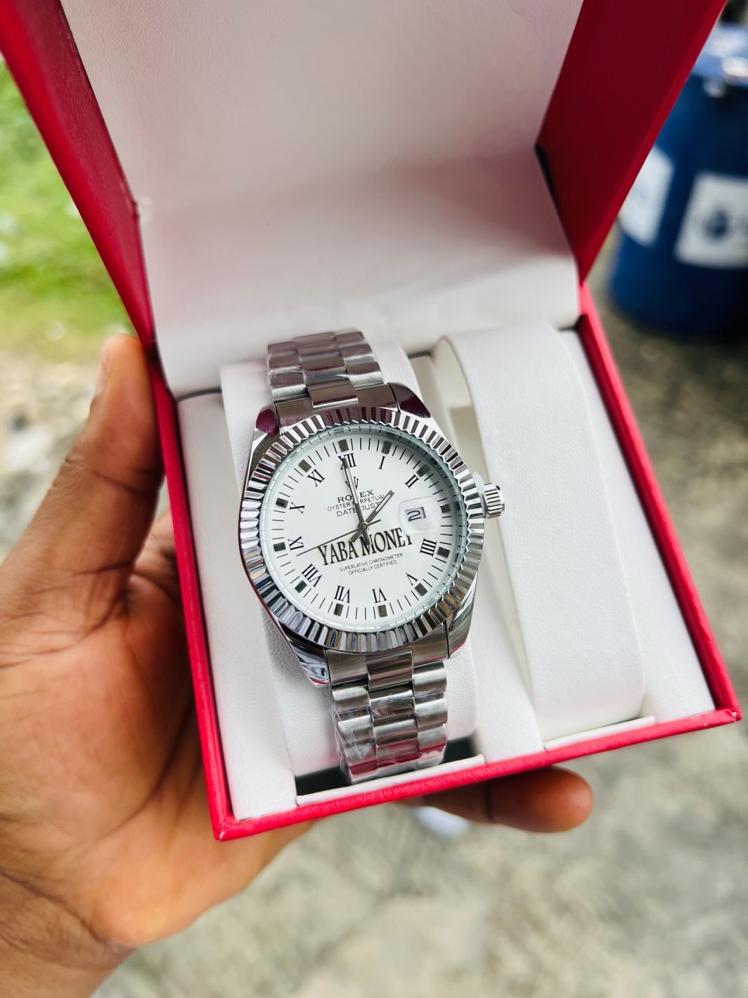 Silver male face engraved Rolex watch - Image 2