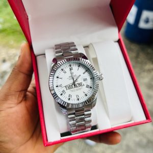 Silver male face engraved Rolex watch