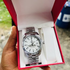 Silver male face engraved Rolex watch