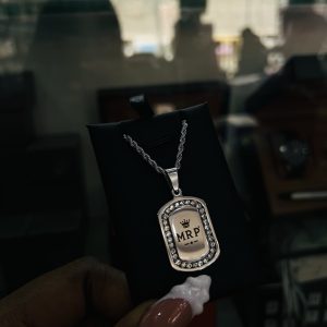 Stoned square silver dog tag necklace