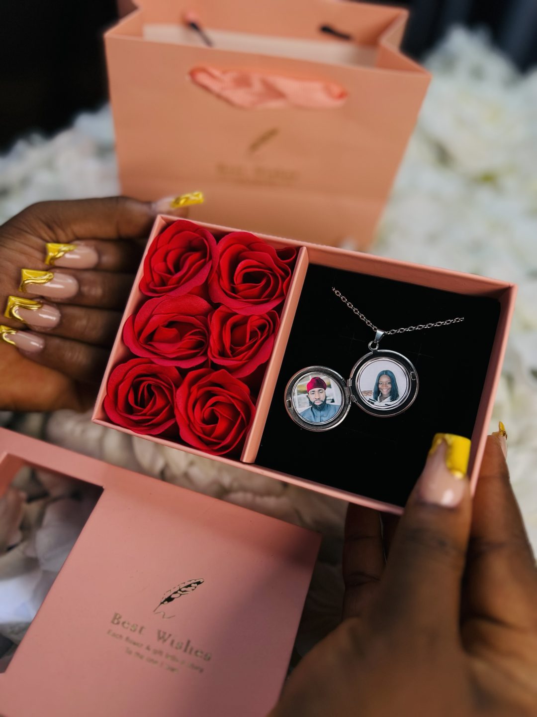 Silver circle locket necklace with paper box