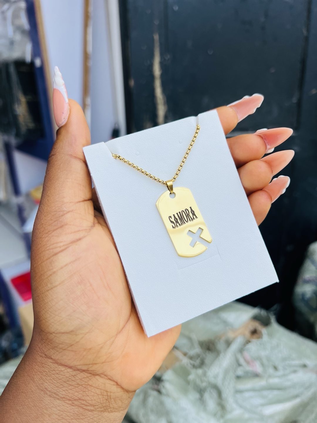 Flat Gold cross engraved necklace 001 - Image 4