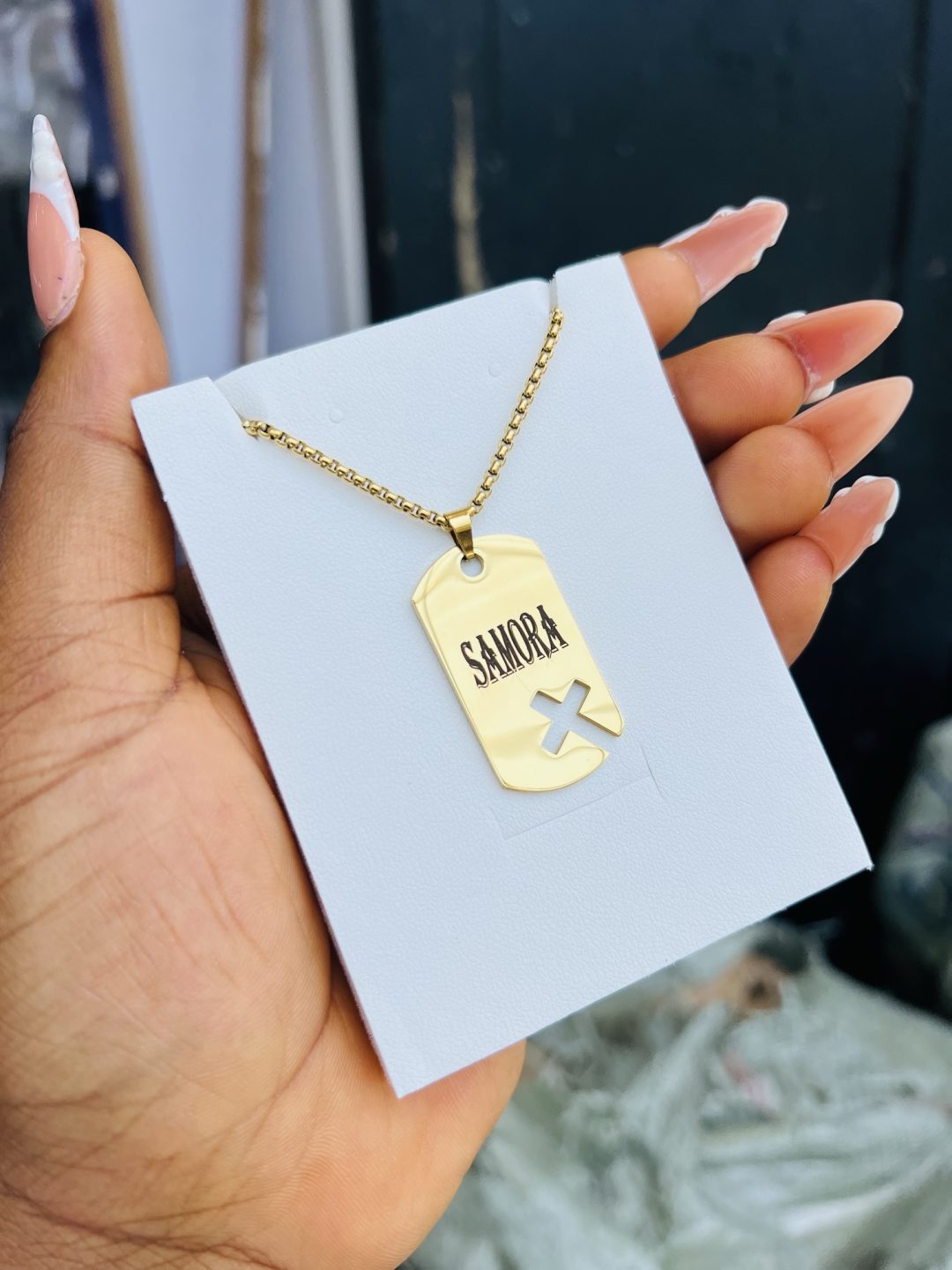 Flat Gold cross engraved necklace 001