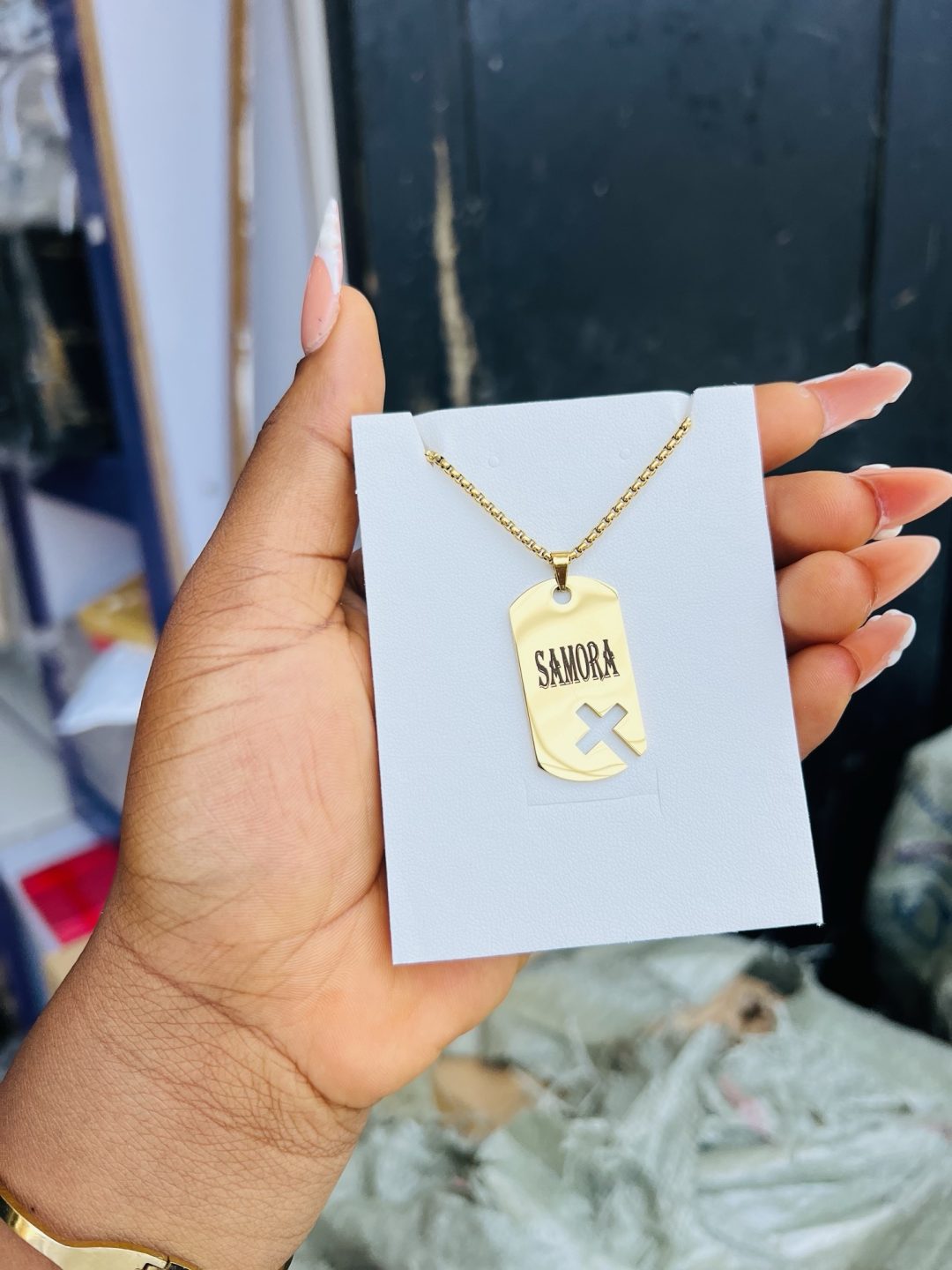 Flat Gold cross engraved necklace 001 - Image 3