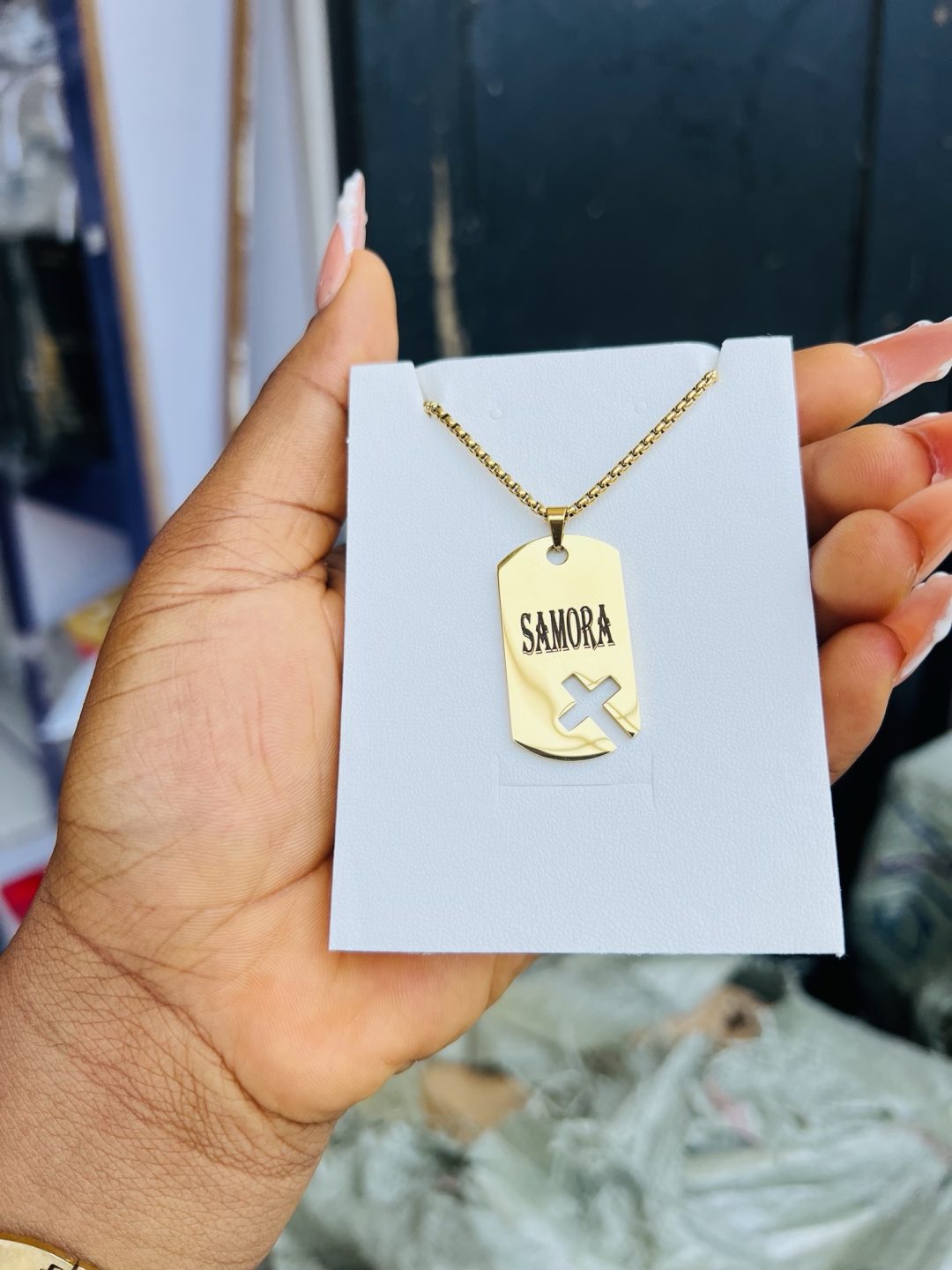 Flat Gold cross engraved necklace 001 - Image 2