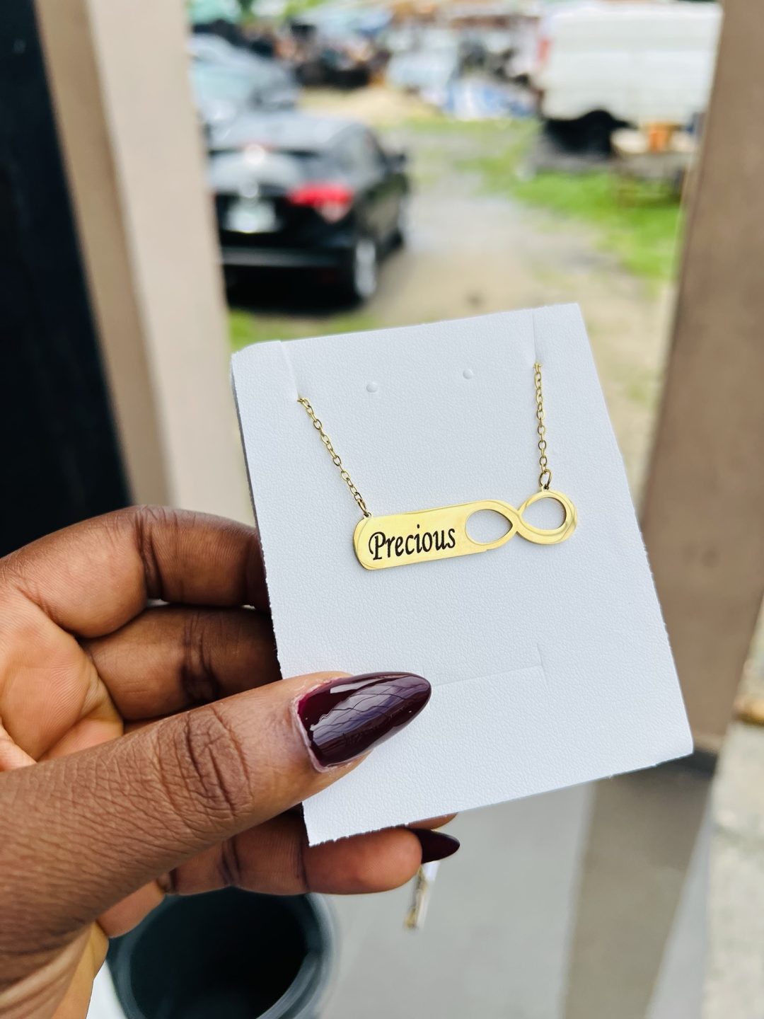 Engraved gold infinity necklace