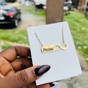 Engraved gold infinity necklace