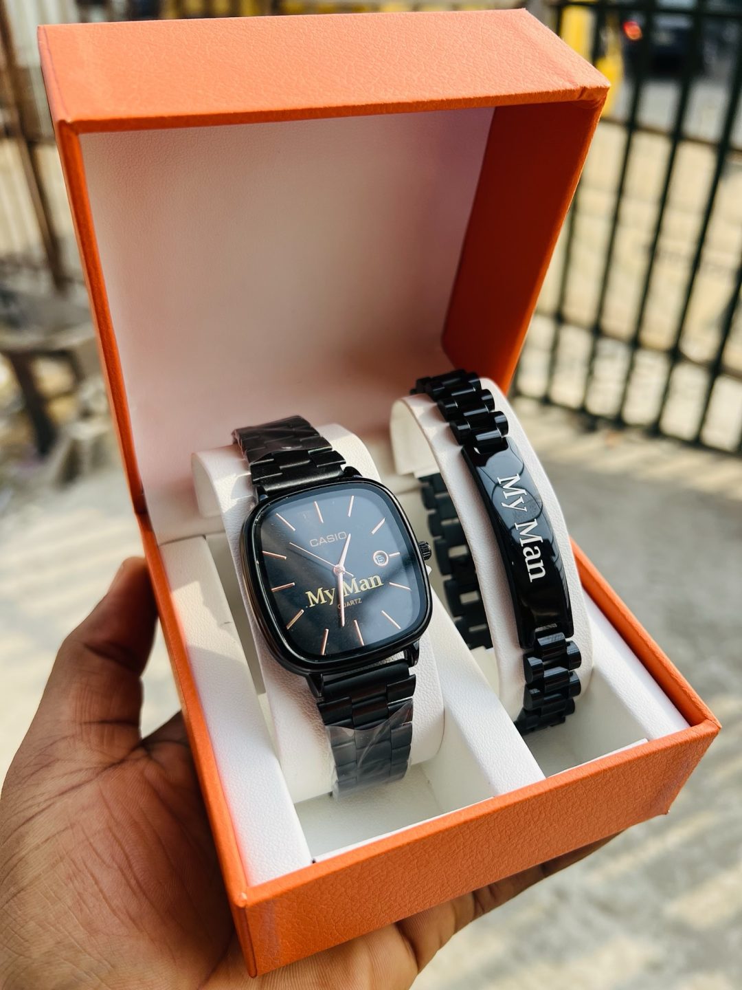Black face Casio watch and bracelet