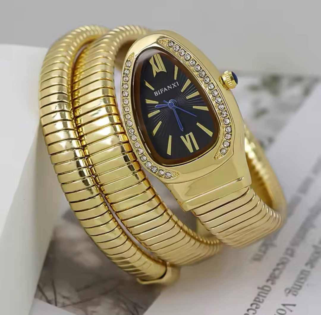 Luxury gold black face bifanxi spiral female watch