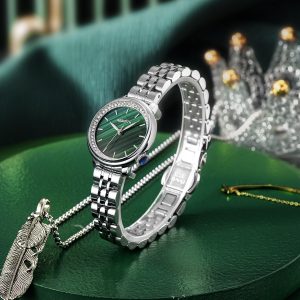 Rebirth victorian silver green face female watch