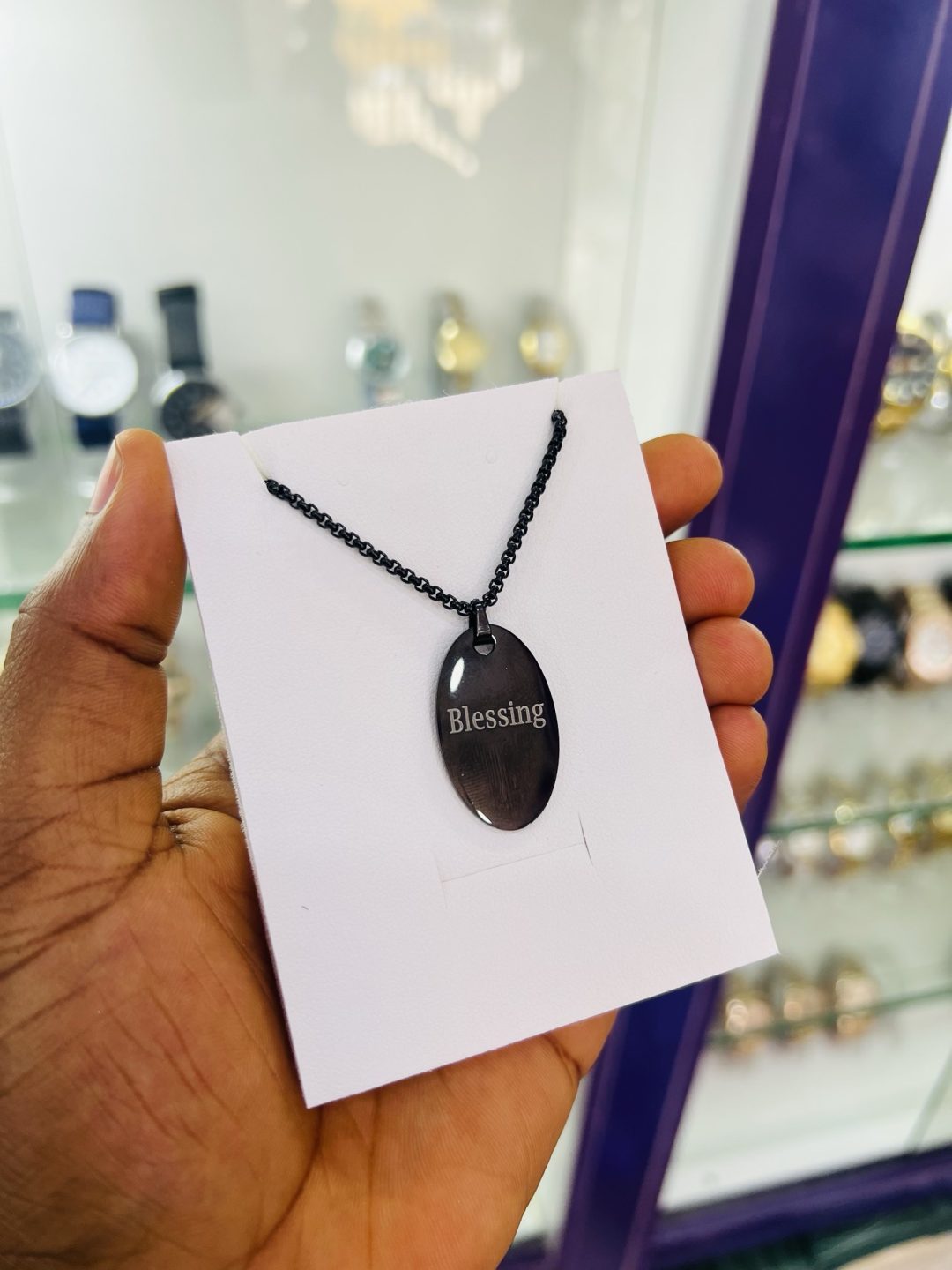 Black oval engraved necklace