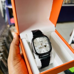 Black white face engraved casio watch
