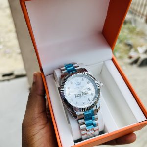 Silver male face engraved Rolex watch
