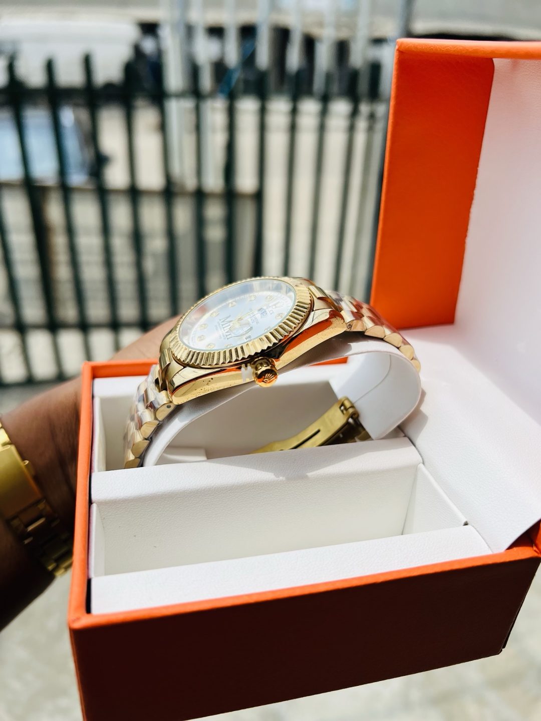 Gold Male Face engraved rolex watch - Image 4