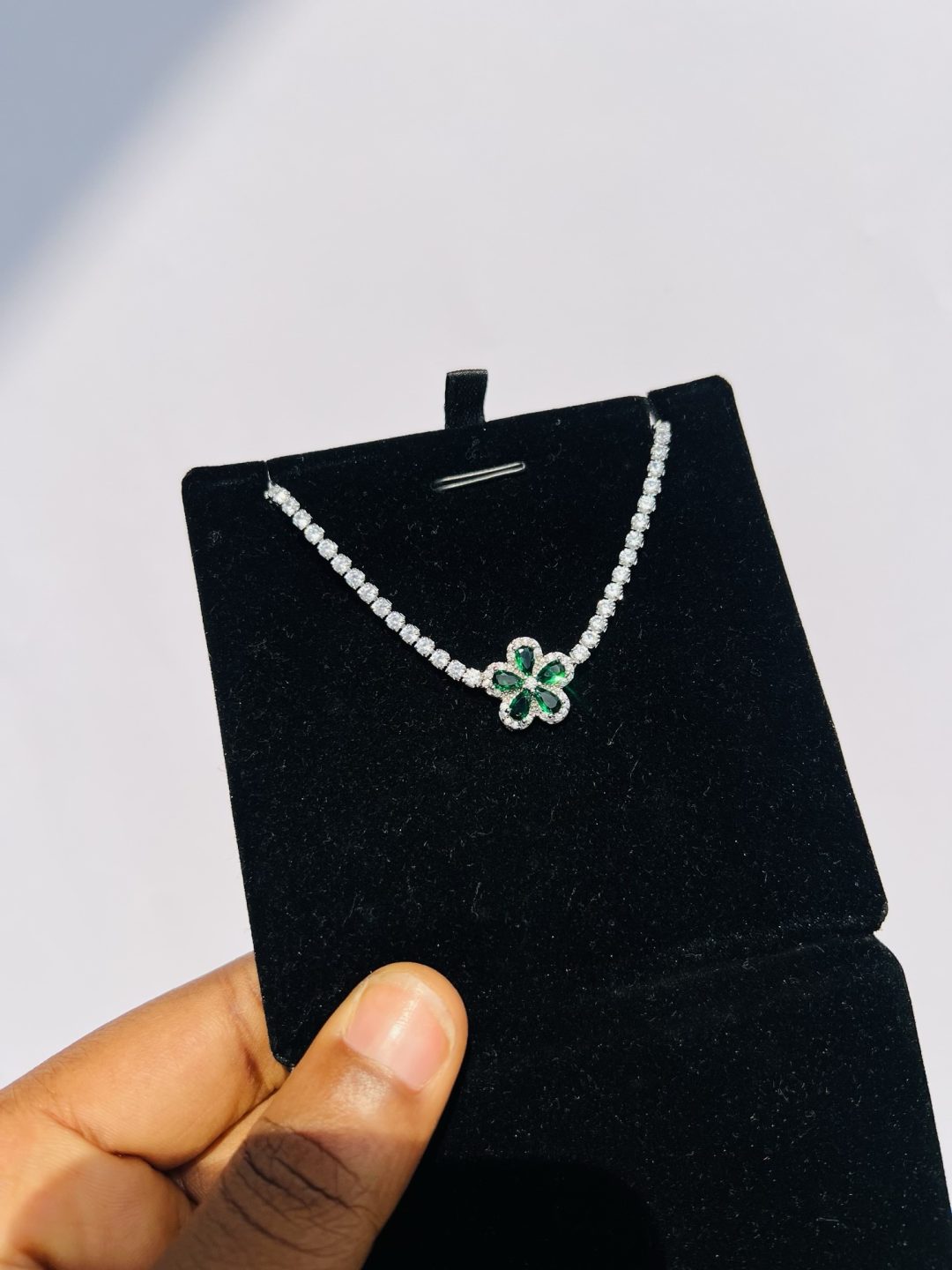 Green flower Cz necklace (silver)
