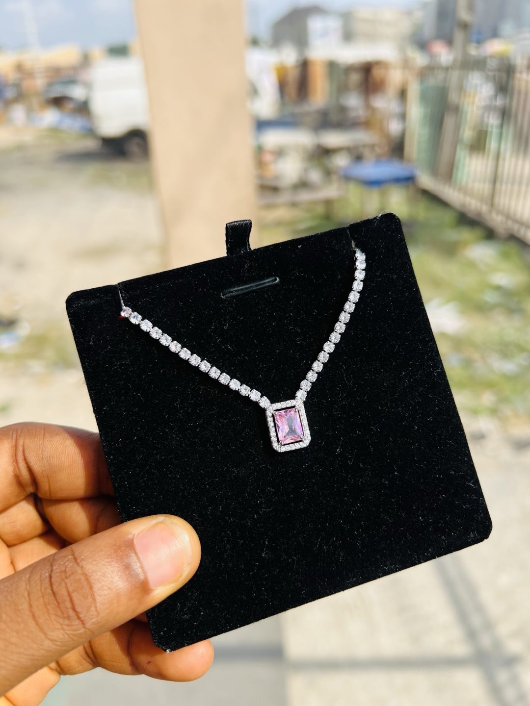 Pink square Cz necklace (silver) - Image 2
