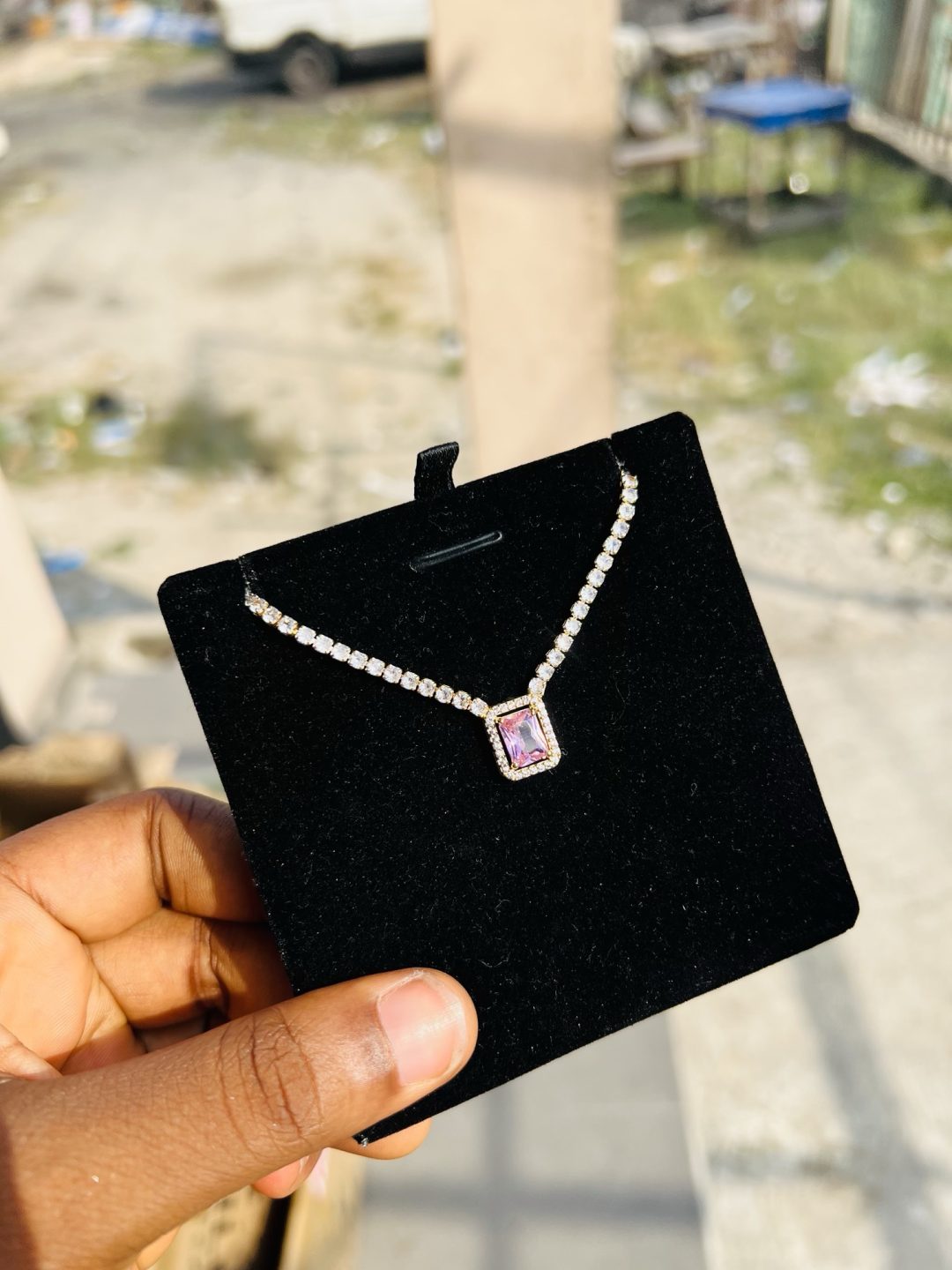 Pink square Cz necklace (gold) - Image 6