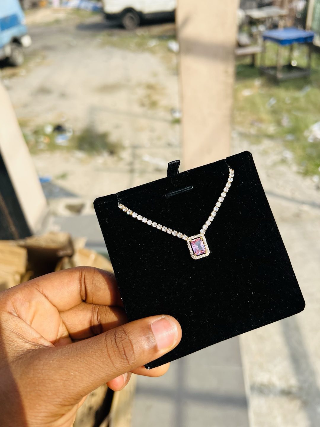Pink square Cz necklace (gold) - Image 2