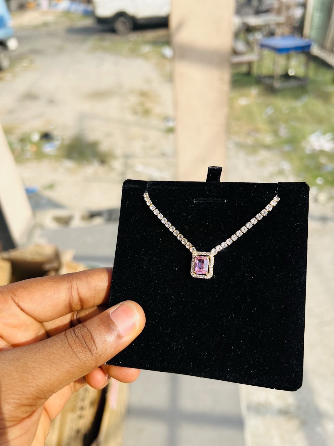 Pink square Cz necklace (gold) - Image 4