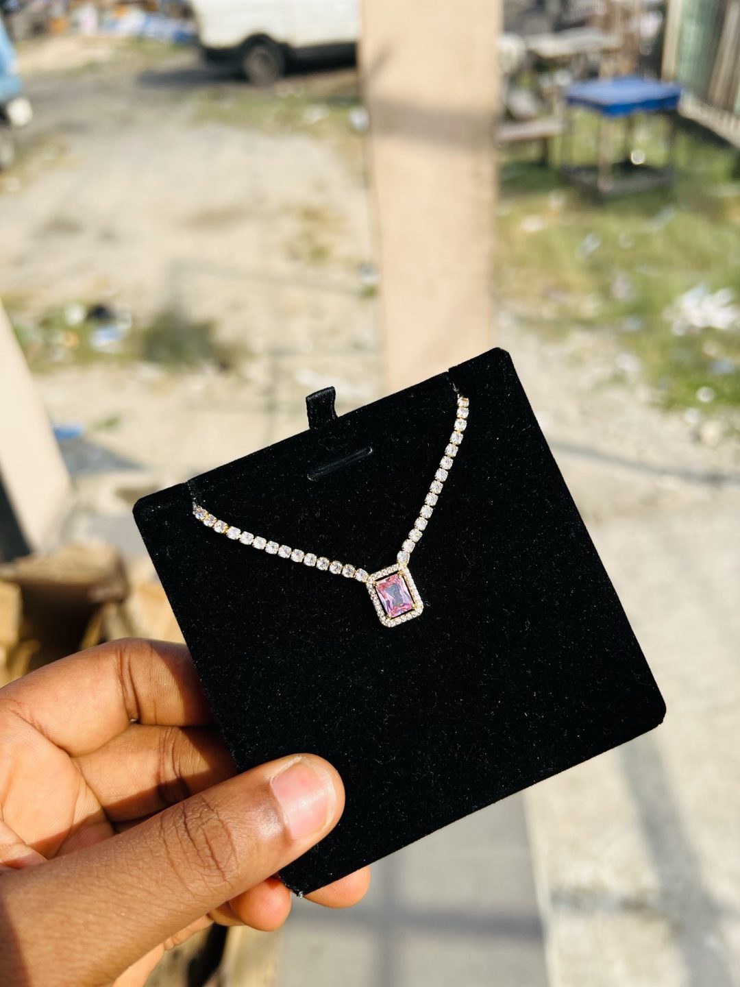 Pink square Cz necklace (gold) - Image 5