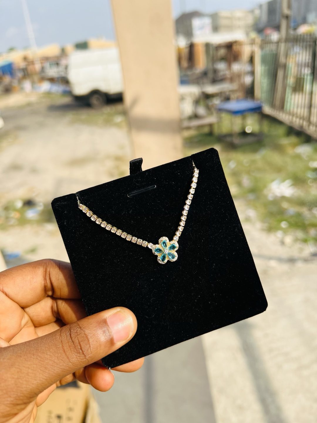Sea Blue flowered Cz necklace (gold) - Image 3