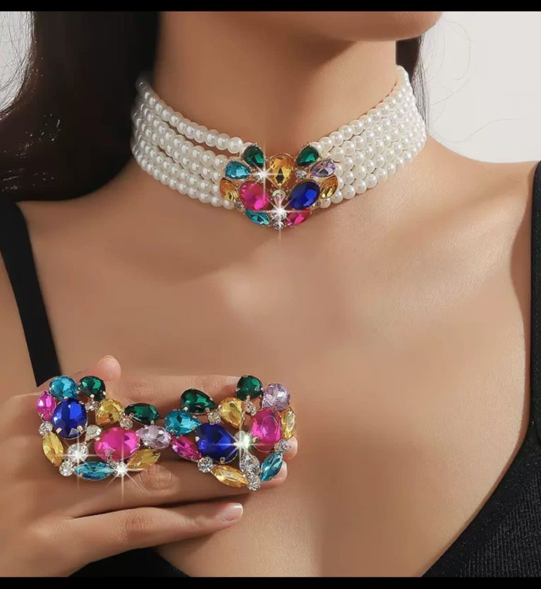 Multicolored heart 4 line pearl set