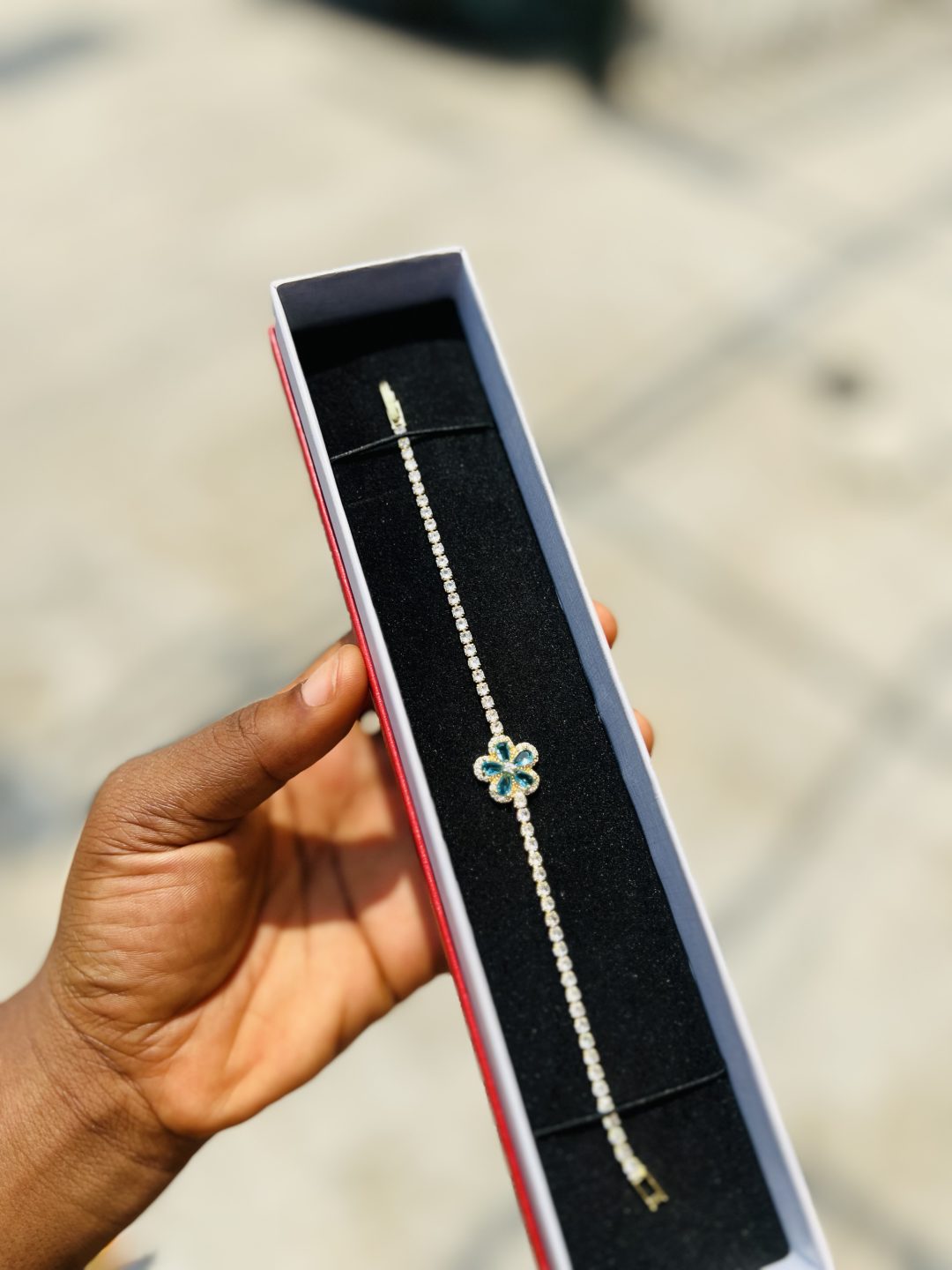 Turquoise blue Flowered Cz bracelet (gold) - Image 4
