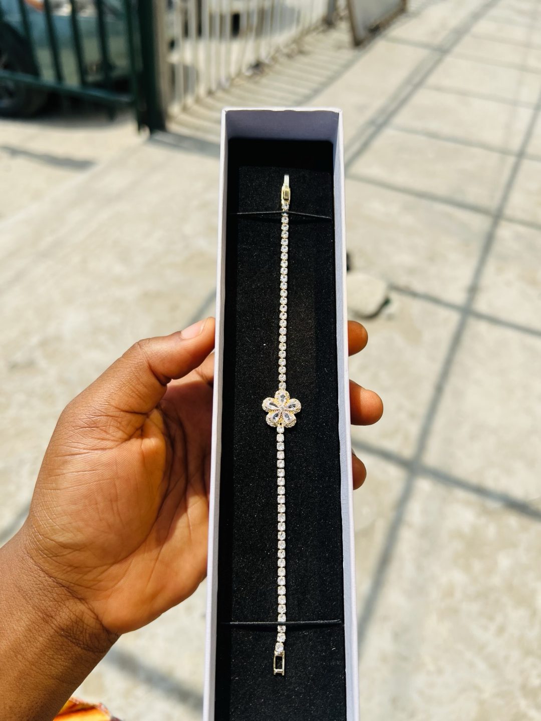 White flowered Cz bracelet (gold) - Image 2