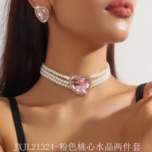 Heart 3 step pink pearl necklace