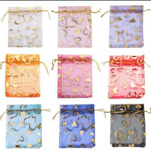 Organza love patterned gold bags 100pcs