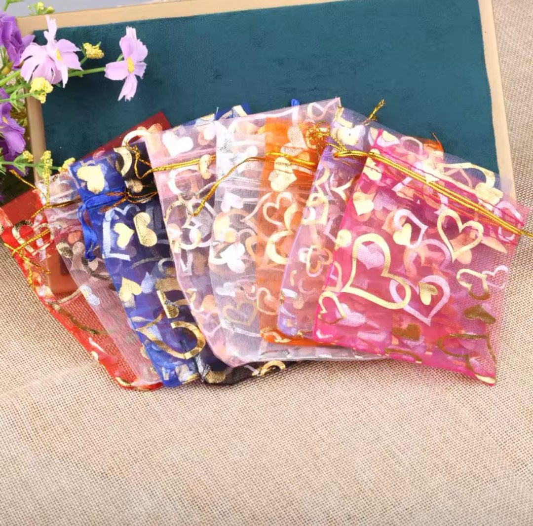 Organza love patterned gold bags 100pcs