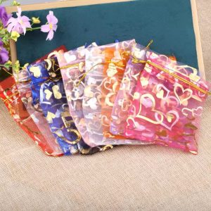 Organza love patterned gold bags 100pcs