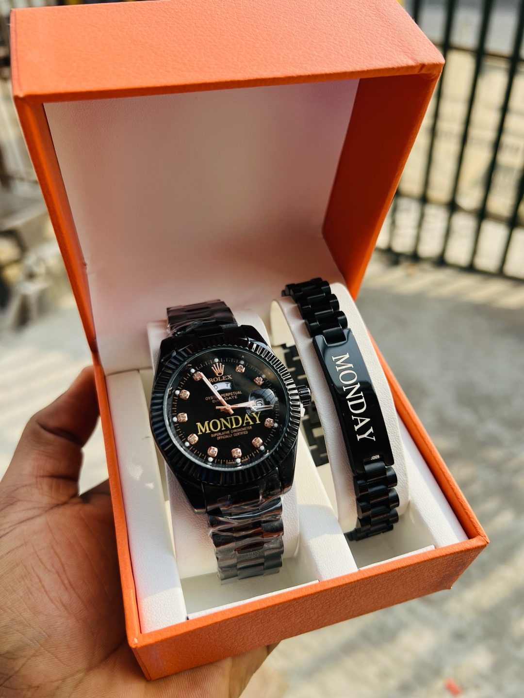 Black Engraved Rolex watch and bracelet - Image 2
