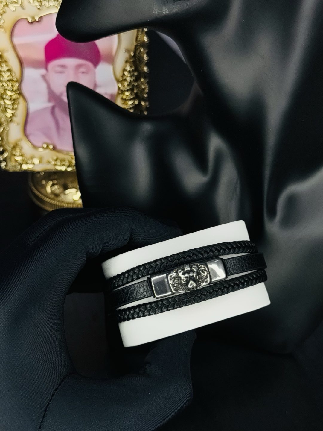 Male black leather bracelet 017