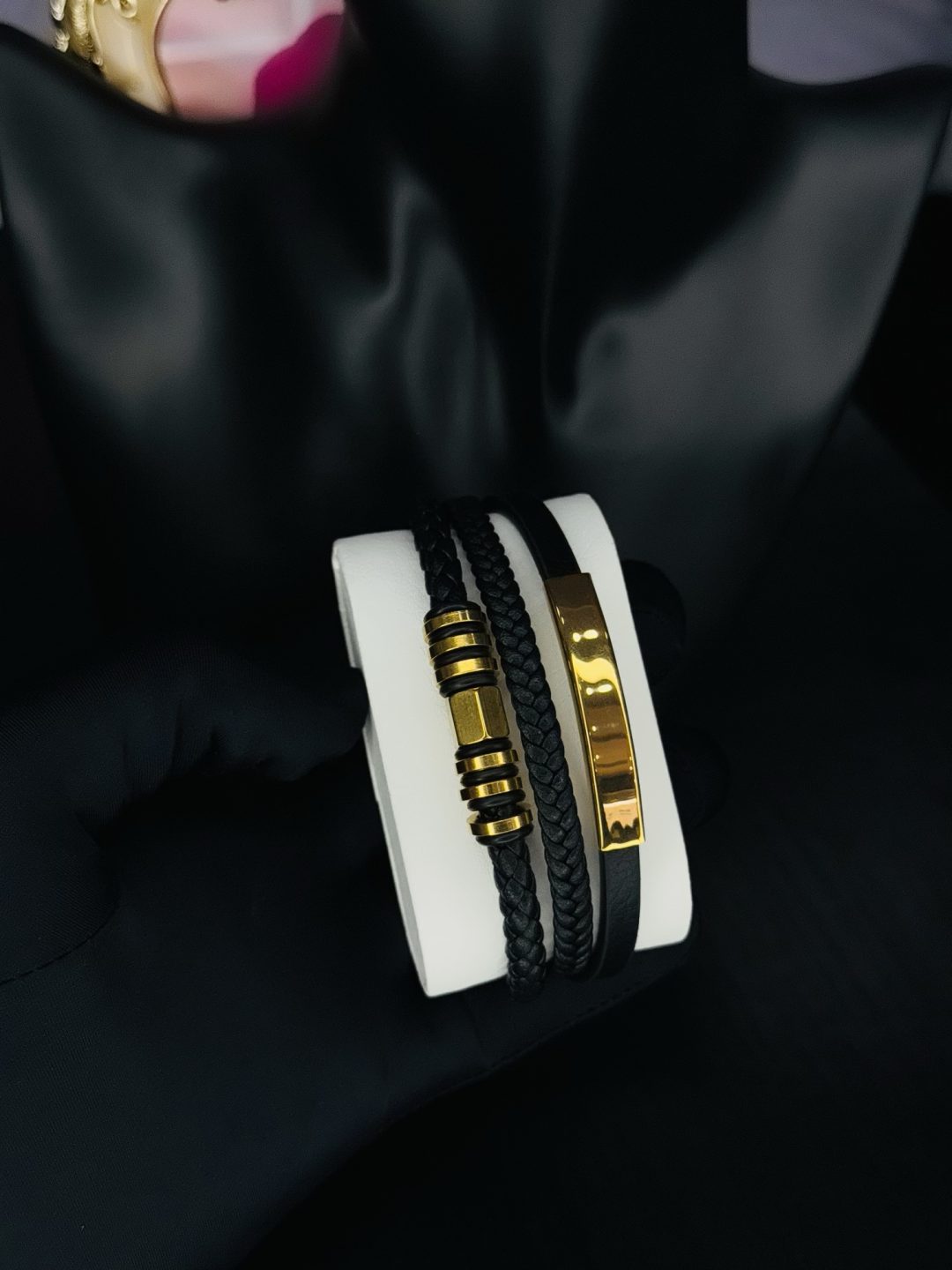 Male black leather bracelet 016