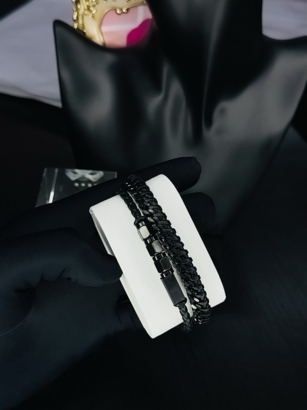 Male black leather bracelet 015