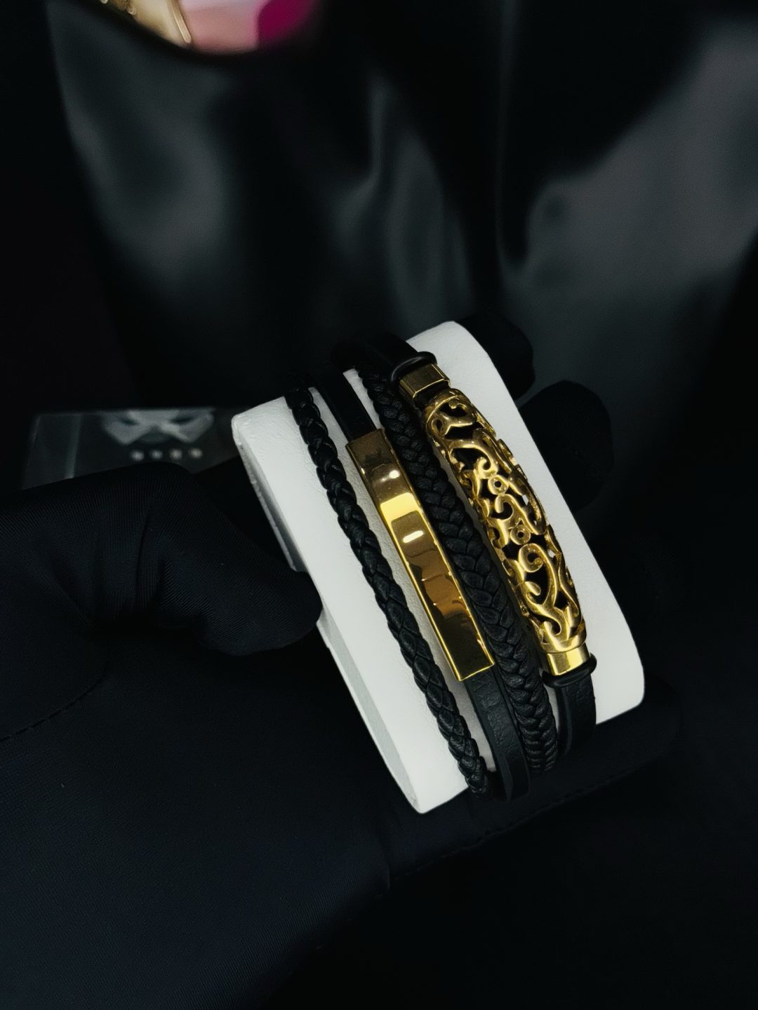 Male black leather bracelet 014