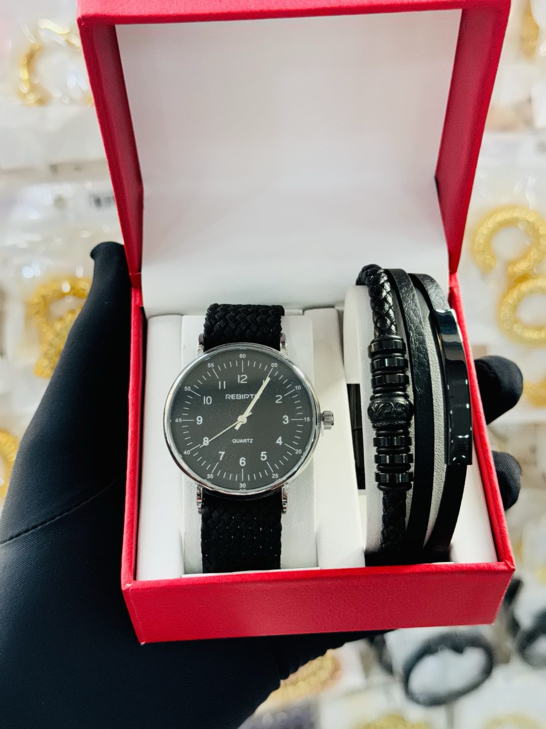 Rebirth black knitted watch bracelet make set boxed 001