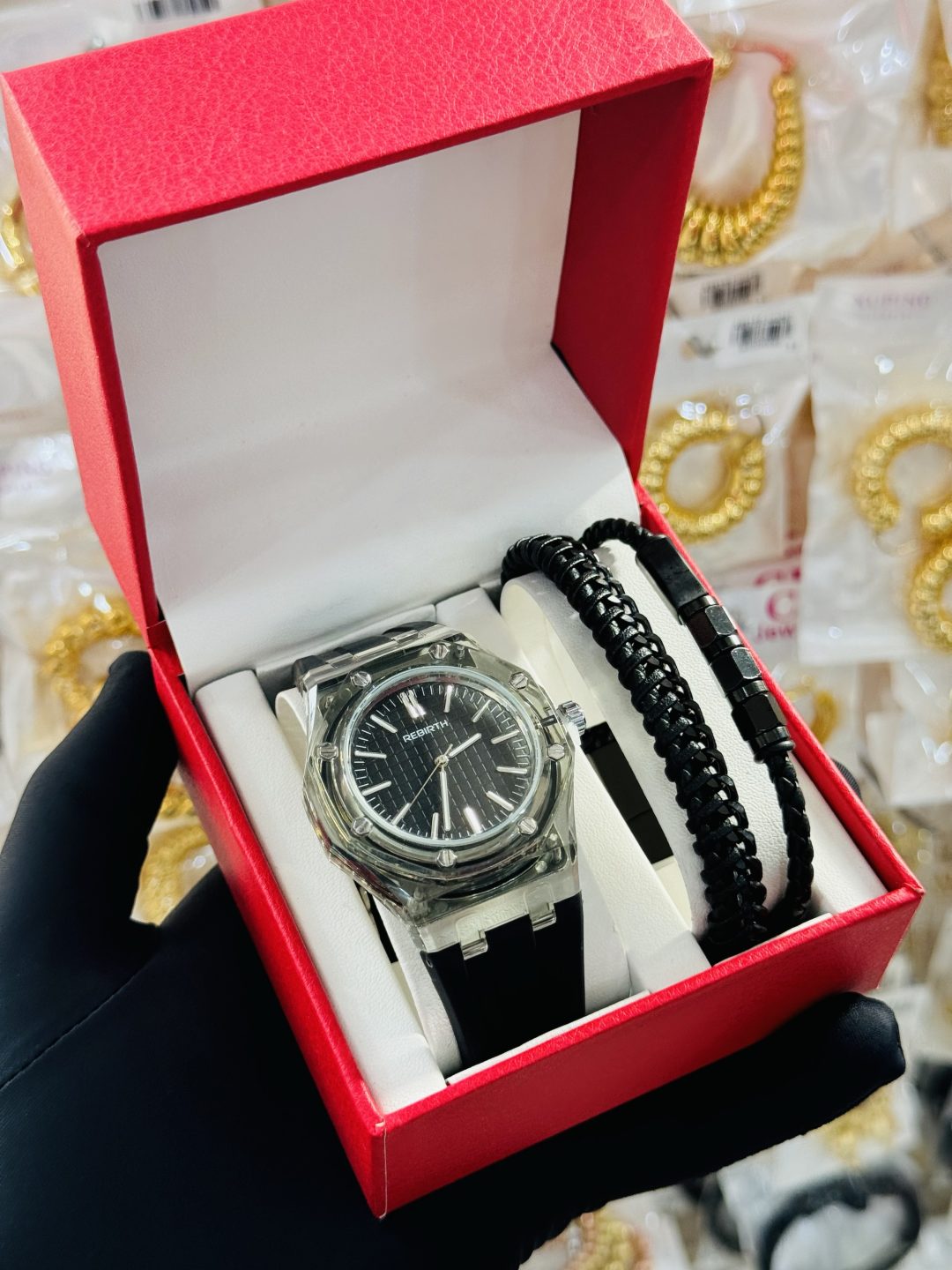 Rebirth rubber watch and leather bracelet combo boxed