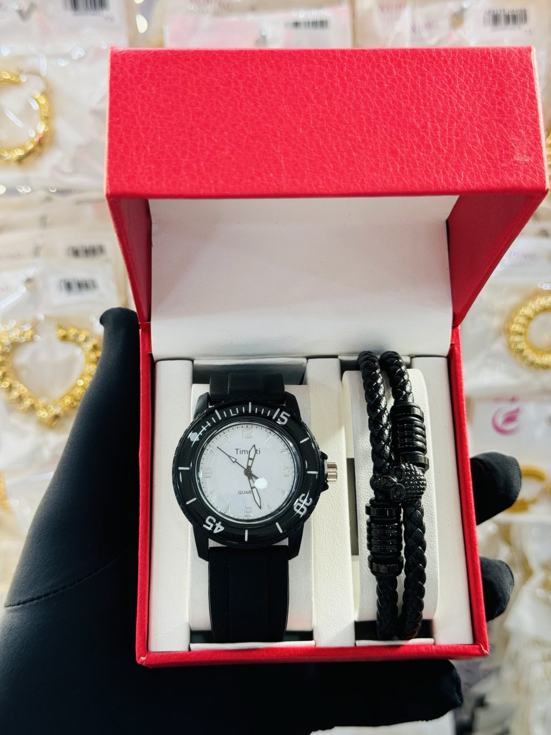 Timeti rubber watch and leather bracelet set boxed