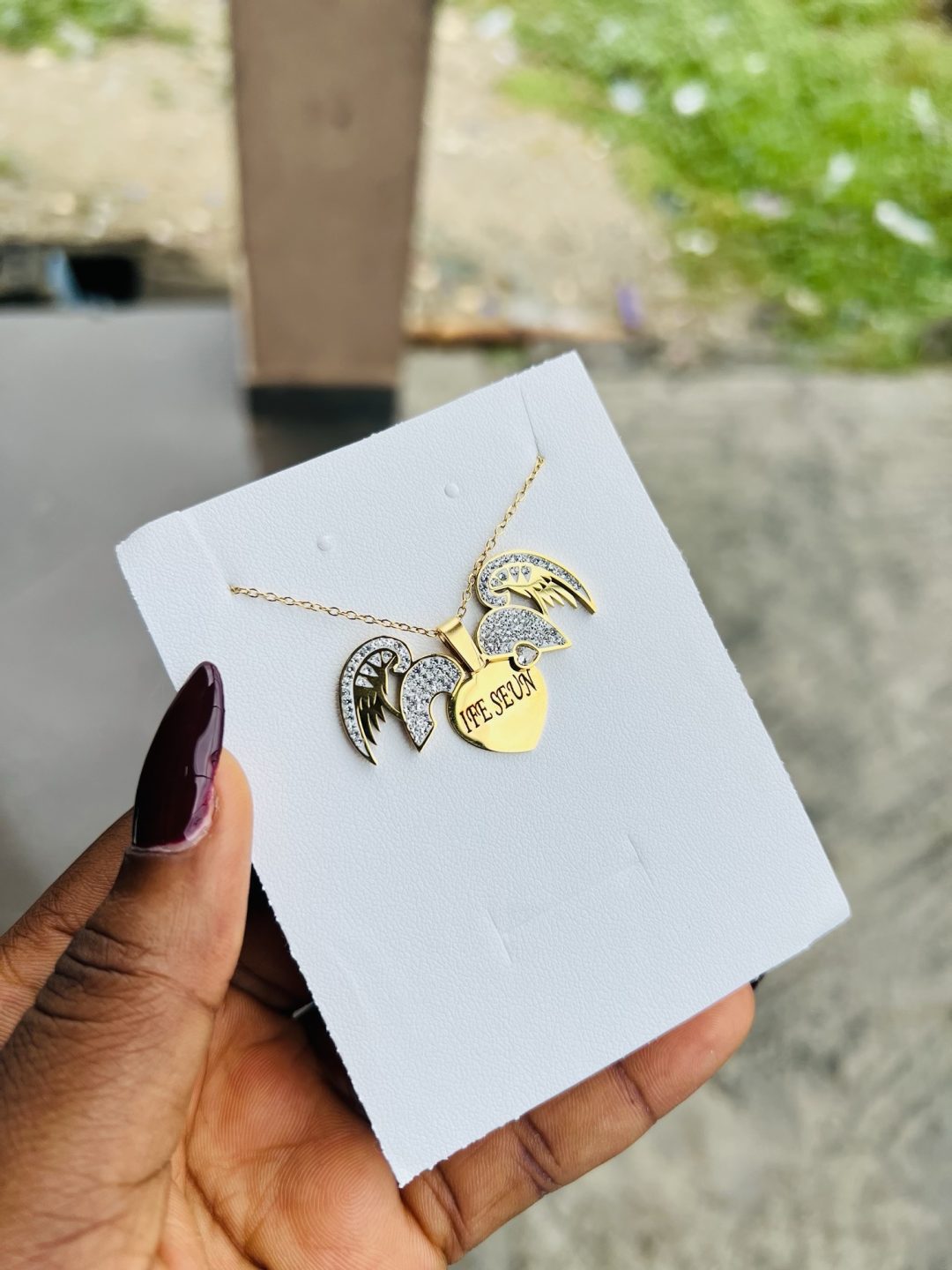 Double winged locket engraved necklace