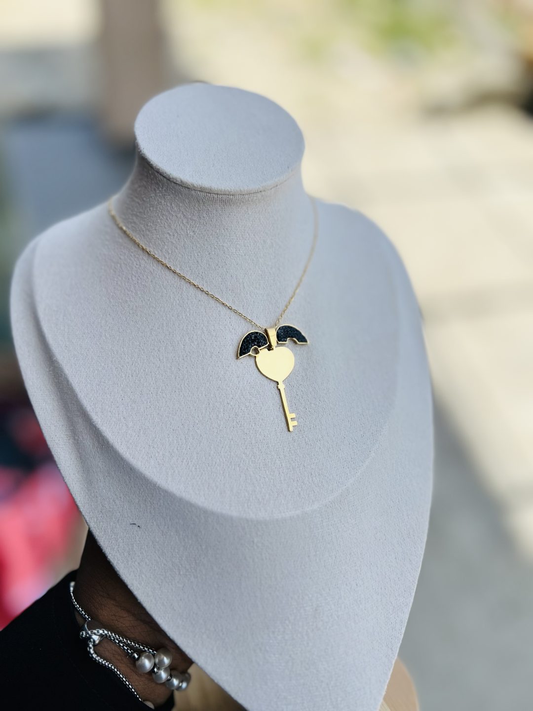 Black locket key engraved necklace
