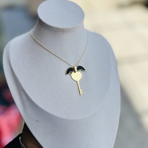 Black locket key engraved necklace
