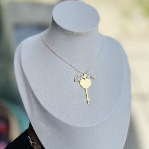 White locket key engraved necklace